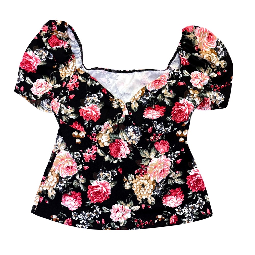 Emery Rose Floral Puff Sleeve Top Black Pink Rose Print‎ 1XL